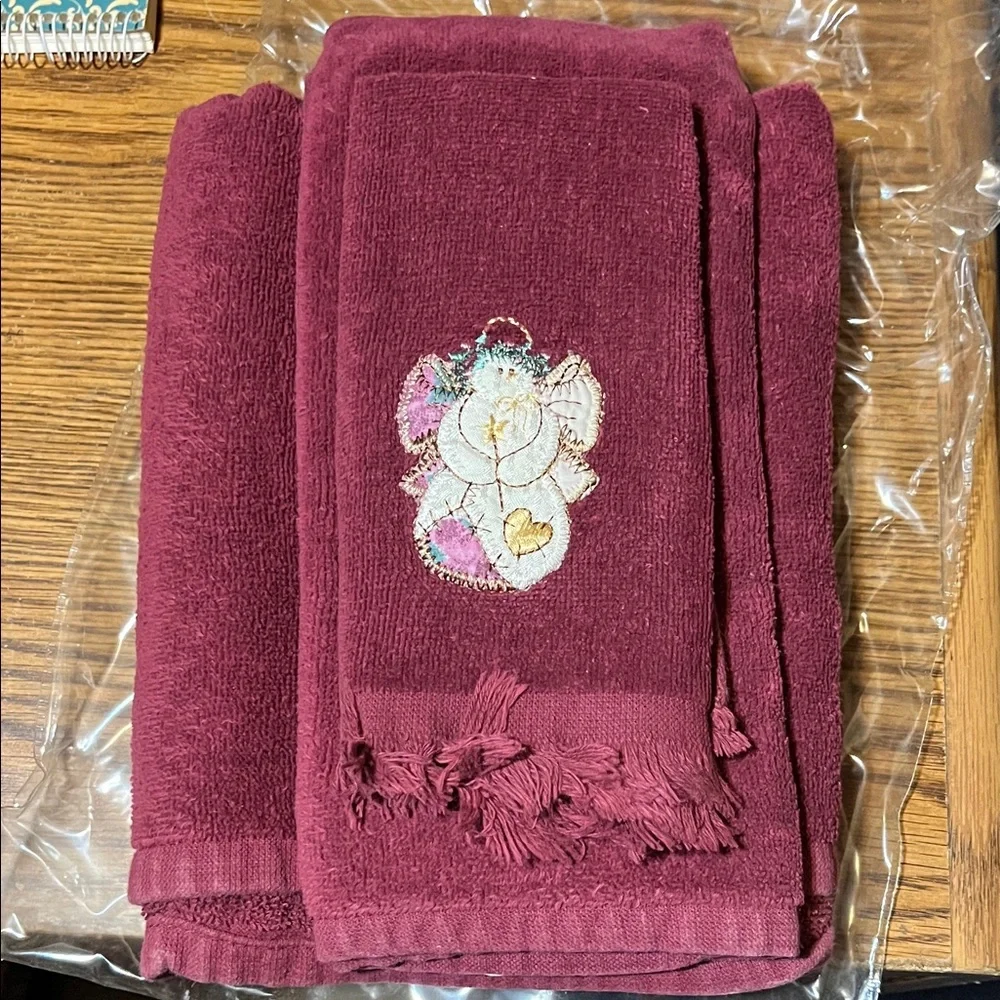Embroidered angel Hand Towel in Deep Burgundy set